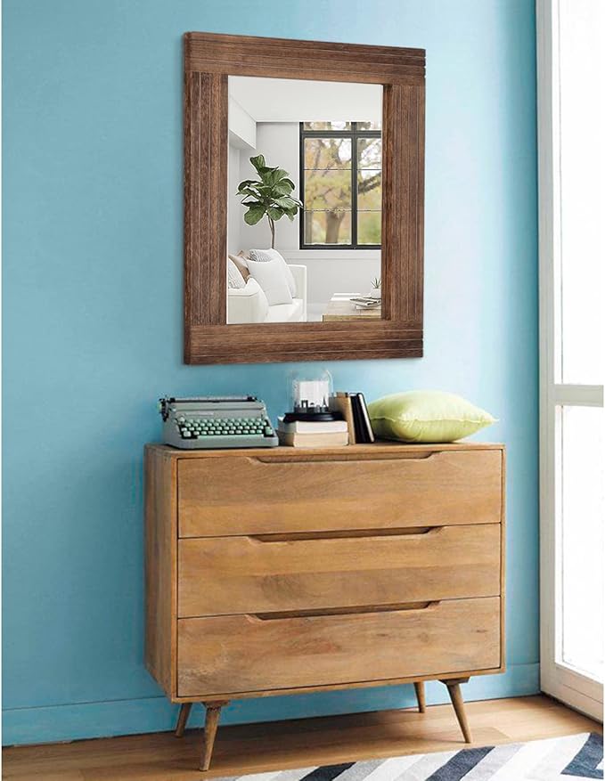 Wood Mirror Rectangular Framed Rustic Vintage Mirrors Decor Farmhouse Bedroom Bathroom Mirror for Dressing Table Entrance Large 20"x16" Brown