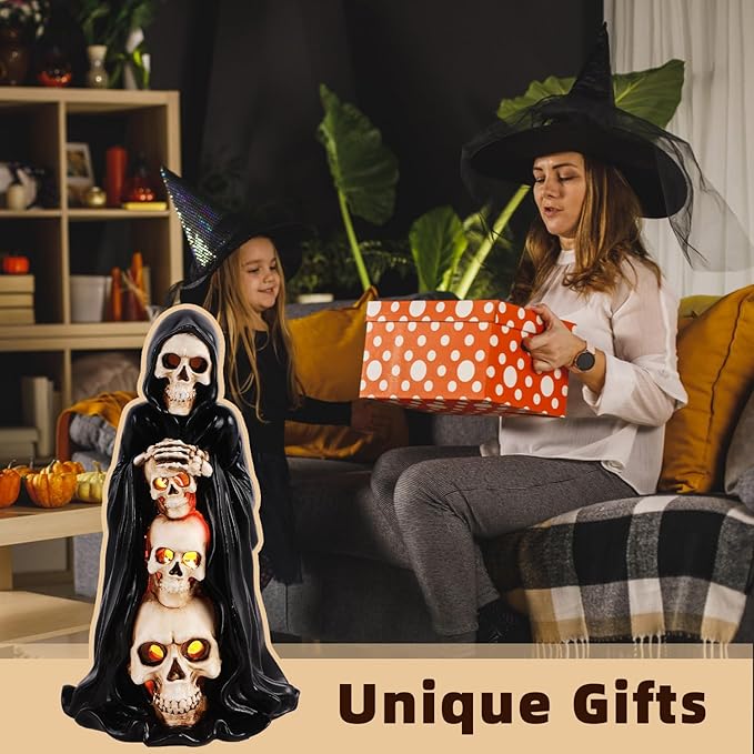 Grim Reaper Skull Halloween Decor - Solar - Powered Resin Statue, Unique Skeleton Head & Skulls Garden Decor, Ideal Spooky Gift