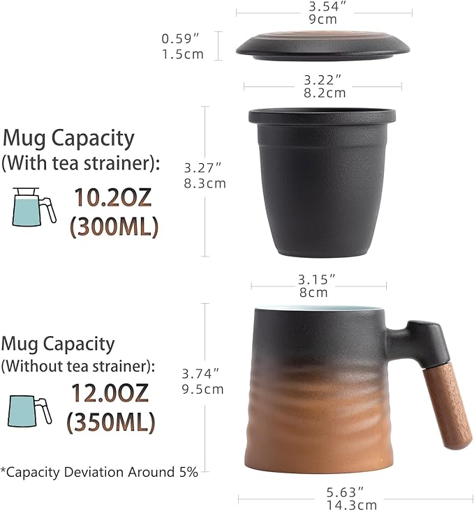 ZENS Tea Cup with Infuser and Lid, Wood Handle Loose Tea Steeper Mug, 12 Ounces Matte Gradient Embossed Ceramic Stainer Mug for Tea Gifts, Black &Brown