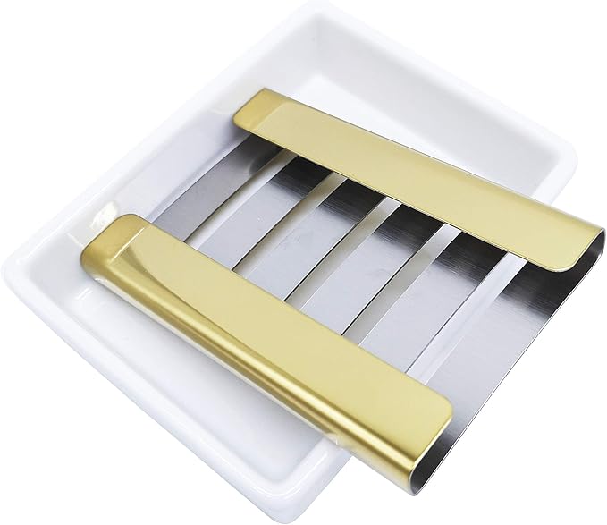 Lofekea Ceramic Soap Dish Gold Stainless Steel Soap Holder for Shower and Bathroom Double Layer Draining Soap Box