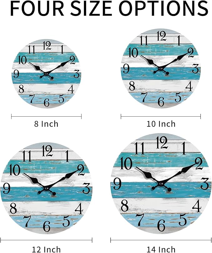 Wall Clock Battery Operated 14 Inch Outdoor Large Beach Style Blue Coastal Retro Silent Non Ticking Decorative for Bathroom Kitchen Living Room Bedroom