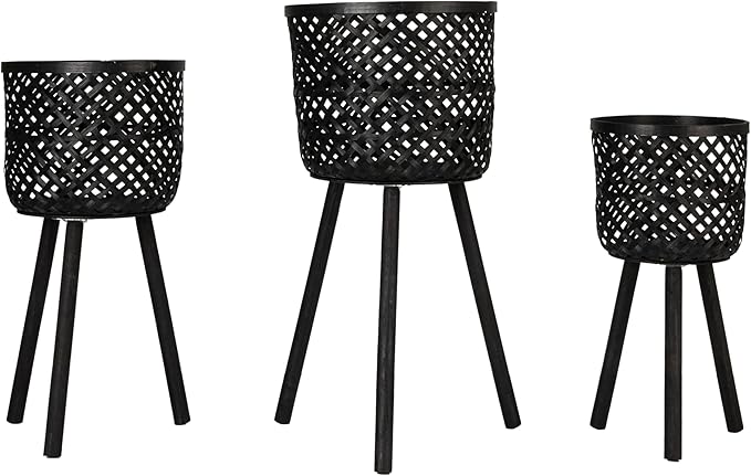 Creative Co-Op Woven Bamboo Baskets with Wooden Legs, Black, Set of 3