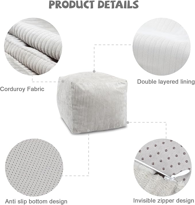 Sexysamba Square Corduroy Pouf Cover Only, 20"x 16" Unstuffed Decorative Ottoman Foot Stool Rest, Washable Storage Bean Bag Chair Floor Pouf Covers for Living Room Bedroom, Grey