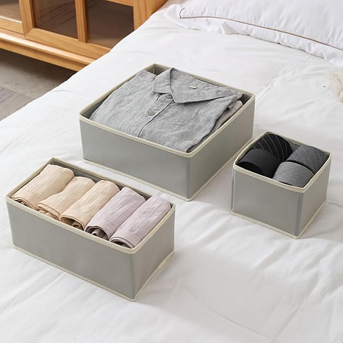 Socks Drawer Organizer Set of 3 Pack Beige, Underwear Dividers, Closet Cabinet Dresser Wardrobe Storage Boxes for Panties Stockings Leggings