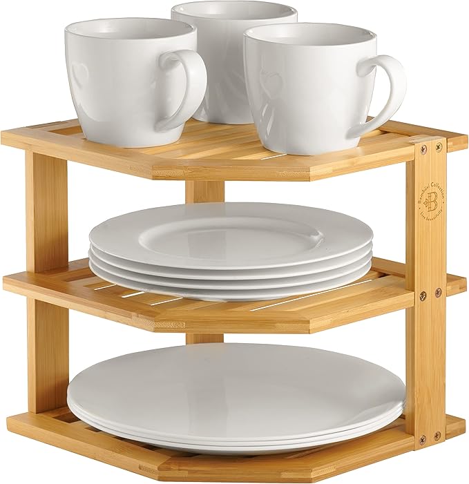 Cabinet Organizer Shelf - Bamboo Corner Rack for Kitchen Counter, Cabinet Space Saver for Plates, Dishes, Bowls, Bread Pantry, Bathroom Storage or Countertop Stand, Stackable Design