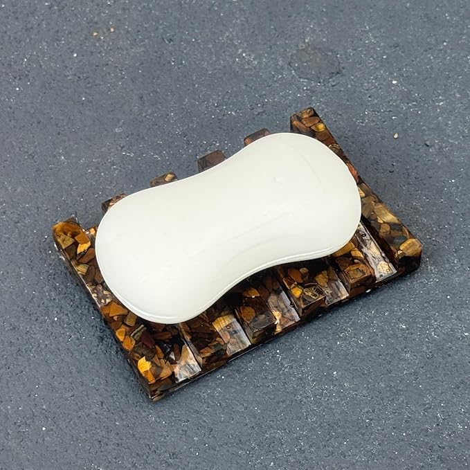 Handmade Tiger Eye Stone Rectangle Bar Soap Holder with Drainage Function, Crystal Dish for Shower and Bathroom Decor, Natural Soap Tray to Keep The Soap Dry Resin Kitchen Decoration (Tiger Eye)