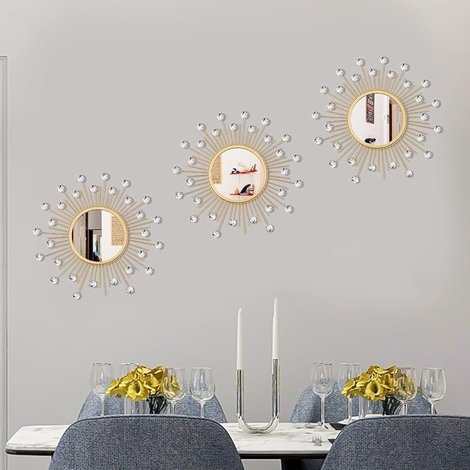 3 Pack Metal Mirrors for Wall Sunburst Wall Mirrors Home Décor Decorative Hanging Wall Art for Living Room Bedroom Entryway (Gold Crystal, Sunburst)