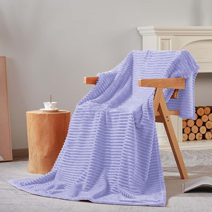 Bnuitland Light Purple Flannel Throw (60X80 inches) with Storage Pouch,300GSM Super Soft Fleece Stripe Pattern Sofa Blanket for Adults, Lightweight Cozy Bed Throw for Home Decor All Season