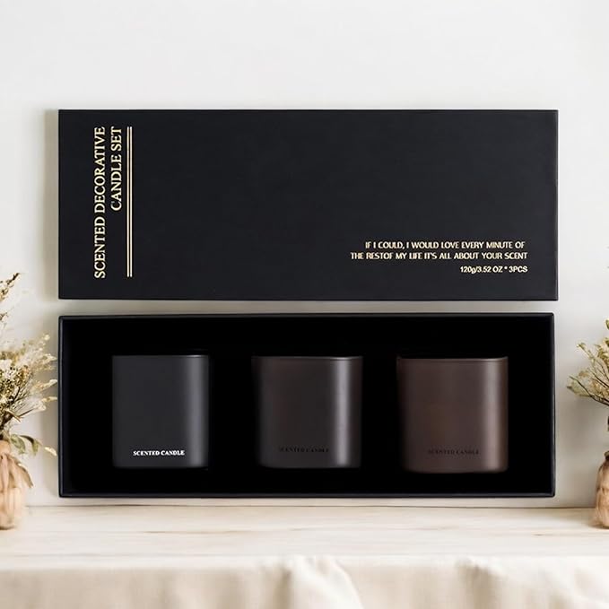 Set of 3 Scented Soy Candles Gift Set 3 Scented Candles, Champagne+Red Teak+Amber Allure,Each Candle Burns for 40-50 Hours, Allowing You to Enjoy Wonderful Aromas for Many Evenings.