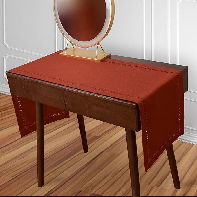 Grelucgo Small Short Handcrafted Solid Cinnamon Color Dining Table Runner for Fall or Autumn, Double-Hemstitched (Cinnamon, 14 x 36)