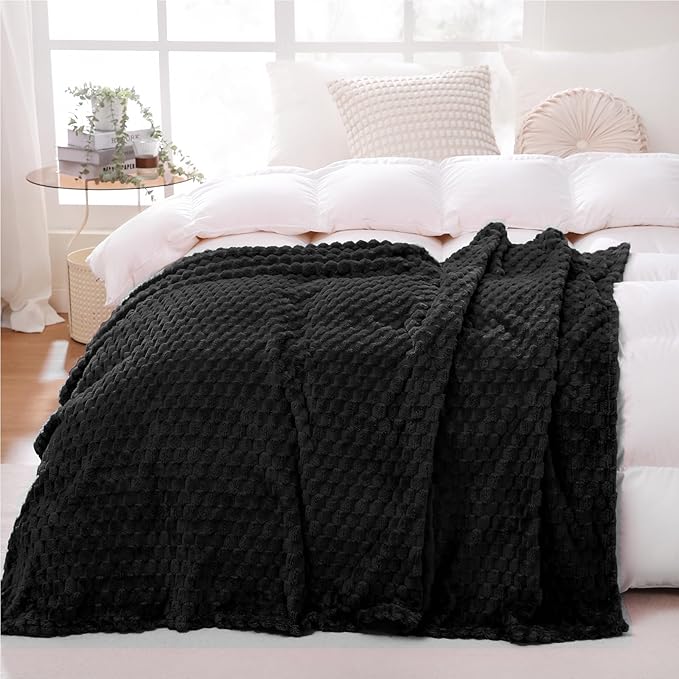 Puncuntex Black Throw Blanket 90"×90" inches Fuzzy 3D Jacquard Decorative Flannel Fleece Super Soft Plush Cozy Blanket for Couch Sofa Chair Lightweight