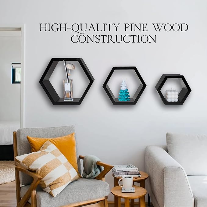 DD DEFINED DECO Set of 3 Pine Wood Hexagon Shelves for Wall Decor,Wall Mounted Floating Shelves,Farmhouse Honeycomb Living Room,Hanging Rustic Shelf Racks Bedroom,Nursery, Black, (B2C230007-3SET)