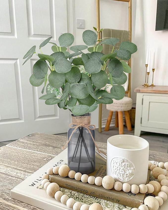 Artificial Eucalyptus Stems in Black Glass Vase 14" 6Pcs Faux Eucalyptus Branches Home Table Decor Fake Plants Stems for Farmhouse Kitchen Bathroom Decorations