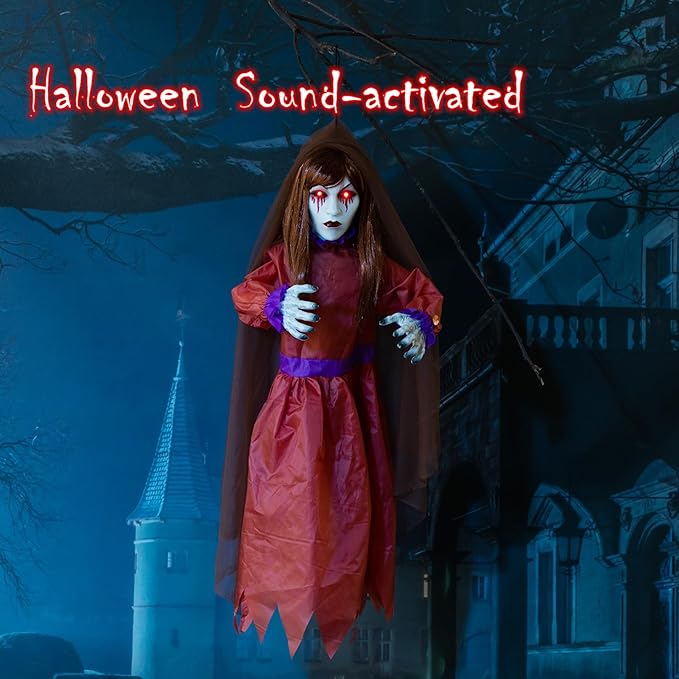 HollyHOME Halloween Hanging Ghost Sound Activated Ghost Girl with Red Glowing Eyes and Creepy Screaming Sound Halloween Outdoor Haunted House Decorations 45 ‘’