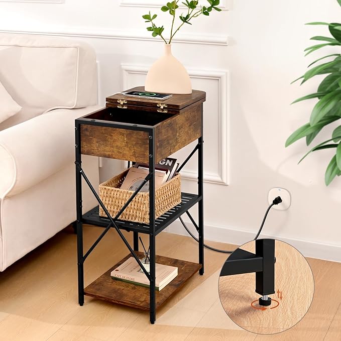 Narrow End Table with Charging Station, Side Table with 3 USB Ports and 2 AC Outlets, Flip Top End Table with Storage, Nightstand with Drawer, Side Tables Living Room, Bedroom, Brown