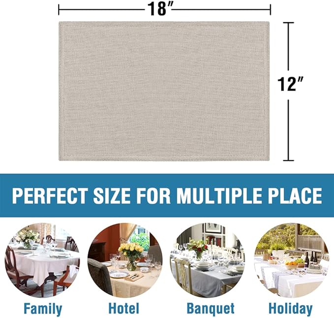 H.VERSAILTEX Linen Placemats Set of 4 Premium Solid Table Placemats for Dining Table Spill-Proof Waterproof Table Mats Heat-Resistant Kitchen Table Mats Washable, 12x18 inches, Taupe