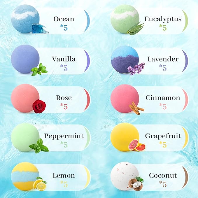Bath Bombs Set 50 PCS with 10 Rich Scents, Bath Bombs for Women, Natural Bubble Bombs with Shea Butter & Safe Oil, Ideal for Christmas, Birthday, Valentine's Day, Mother's Day Present