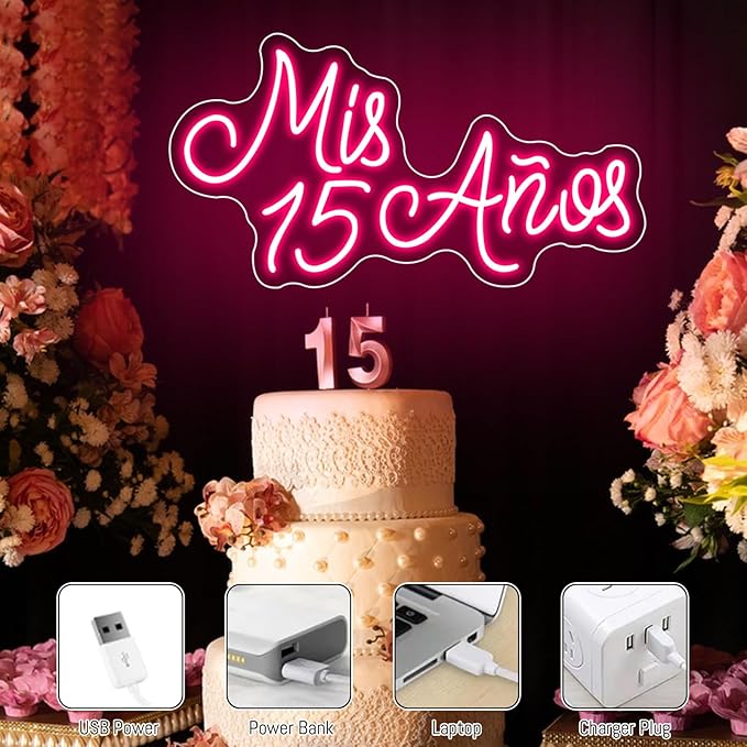 Mis 15 Años Neon Sign for Wall Decor, 15th Birthday Party Led Neon Light, USB Powered with Dimmer Switch Neon Lights for Mis Quince Party Decor,Sweet 15 Quinceanera Party Sign,Gifts for Lover