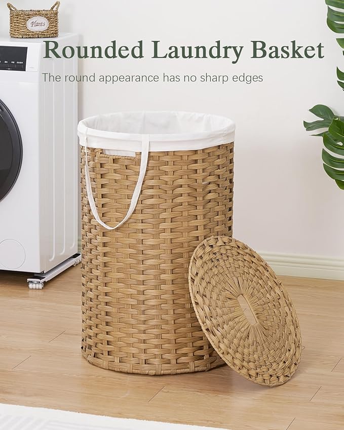 Large Laundry Hamper Laundry Basket Round 34.3 Gal (130 L) Handwoven Wicker Laundry Baskets Rattan Laundry Basket with Laundry Bag Handles 2 Mesh Bags for Living Room Bedroom Natural