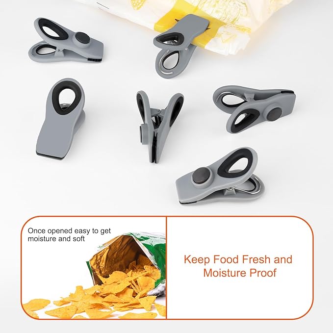 TACGEA Chip Clips, Magnetic Bag Clips with Air Tight Seal for Food Storage, 12 Pieces (Gray)