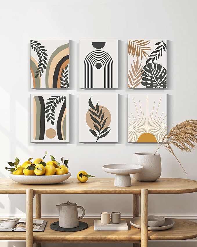 Boho Wall Art , Minimalist Wall Art , Boho Room Decor, Bohemian Moon Phases Wall Painting For Living Room Bedroom Kitchen Office Home Decor Set of 6, 8x10in (Framed)