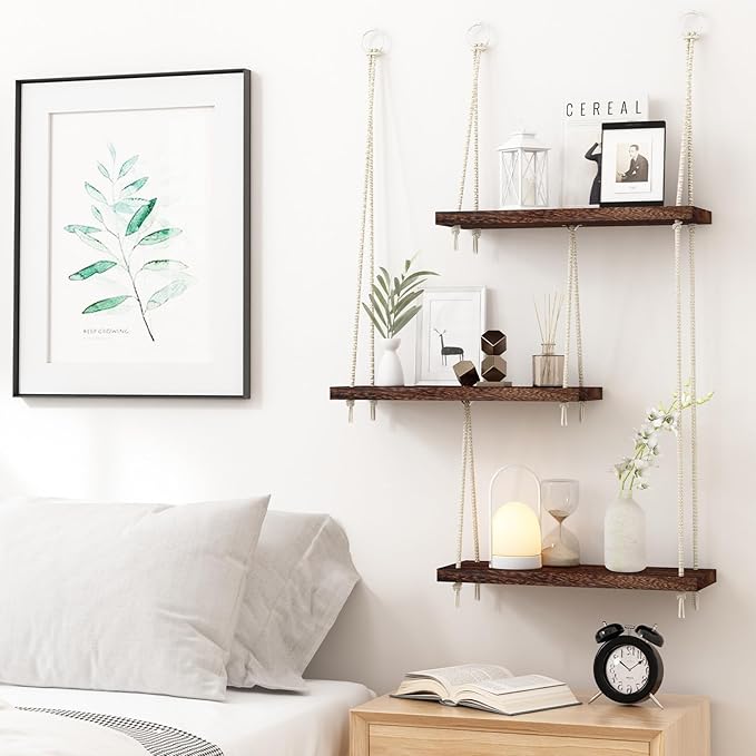 Fixwal Hanging Shelves for Wall, 3 Tier Boho Wall Decor Hanging Plant Shelf Floating Shelves Rope Rustic Wood Organizer Storage Hanger Rack for Aesthetic Home Bedroom Kitchen Bathroom - Dark Brown