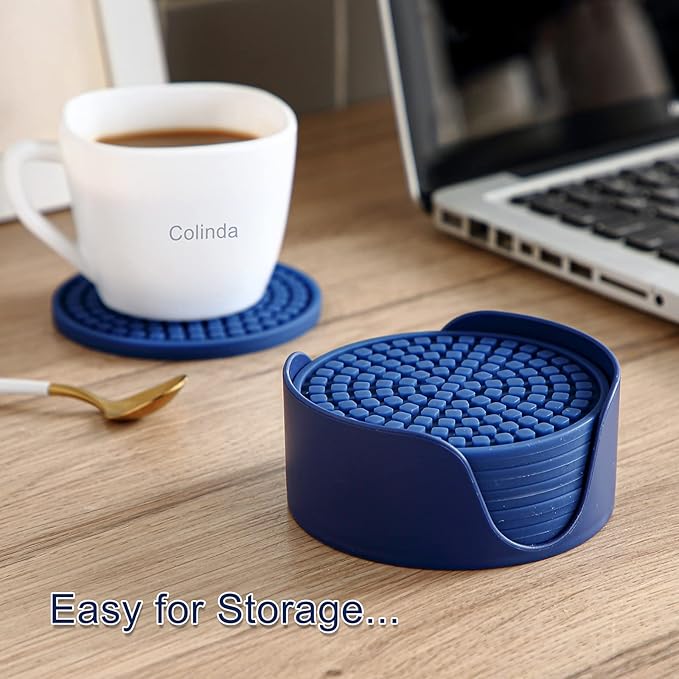 Colinda Silicone Drink Coasters with Holder, Set of 6, Outdoor Cup Mat for Hot or Cold Drinks, Thickened, Non-Slip,Non-Stick, Teal