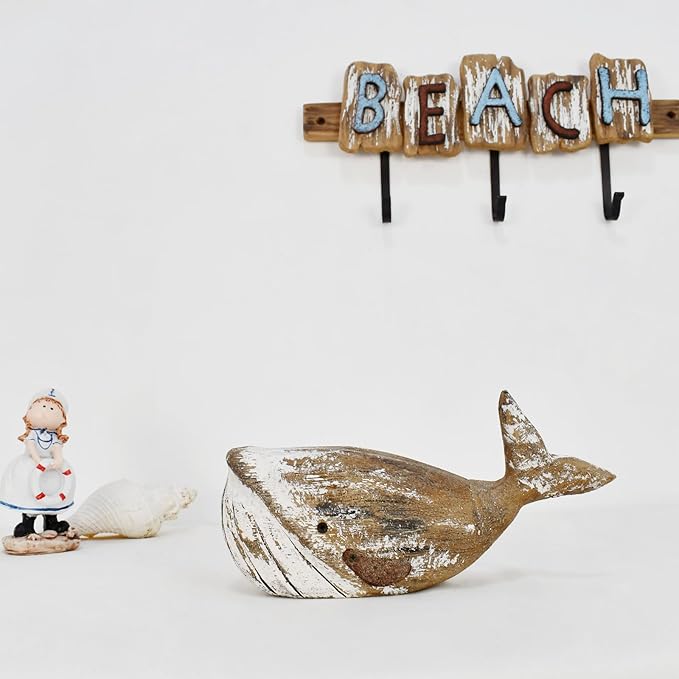 Linfevisi Wooden Whale Decor Tabletop Nautical Decor Solid Wood Whales Statue Sculpture Standing Coastal Decor Beach Figurines for Home Sea Decor for Bathroom Ocean Theme House Decor 4.9 Inches Tall
