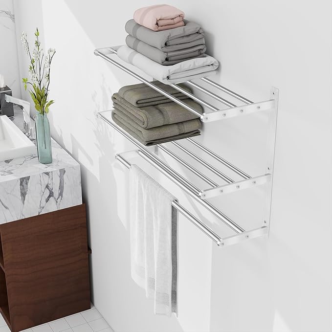 Towel Racks for Bathroom Wall 24 Inch, 3 Tier Bathroom Towel Shelf with Double Towel Bar, Stainless Steel Towel Rack with Towel Shelf, Towel Hanger Holder for Bathroom Towel Storage, Brushed Nickel