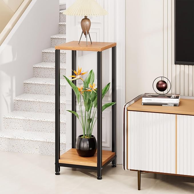 Simple Trending Plant Stand Indoor Corner Tall 2 Tier Metal Modern Flower Plant Shelf Holder, Heavy Duty Wood Storage Stand 2 Tier Black