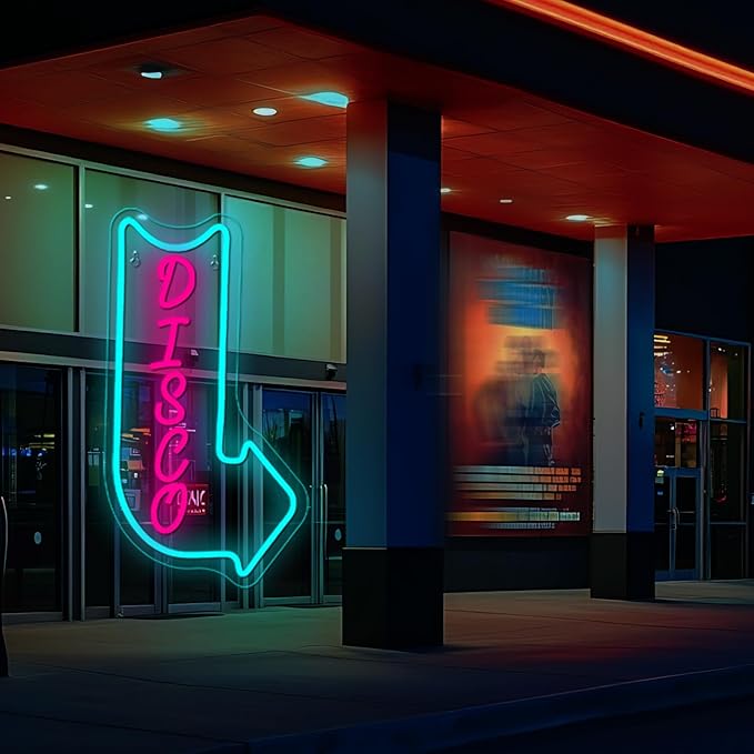 Looklight Disco Neon Signs for Wall Decor Pink Blue LED Word Light Sign Right-Pointing Arrow Neon Light USB Light Up Letters Sign for Disco Lover Music Bar Music Studio Rec Room Bedroom Party Decor