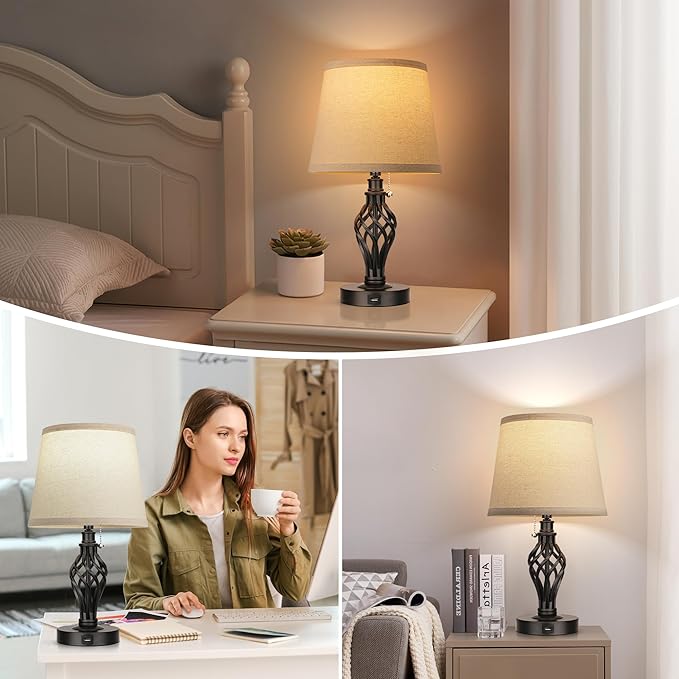 PARTPHONER Table Lamps Set of 2, Farmhouse Bedside Lamps with USB Ports, Nightstand Lamp Cream Drum Shade Spiral Cage Base Desk Lamps for Living Room Bedroom Study Room without Bulb
