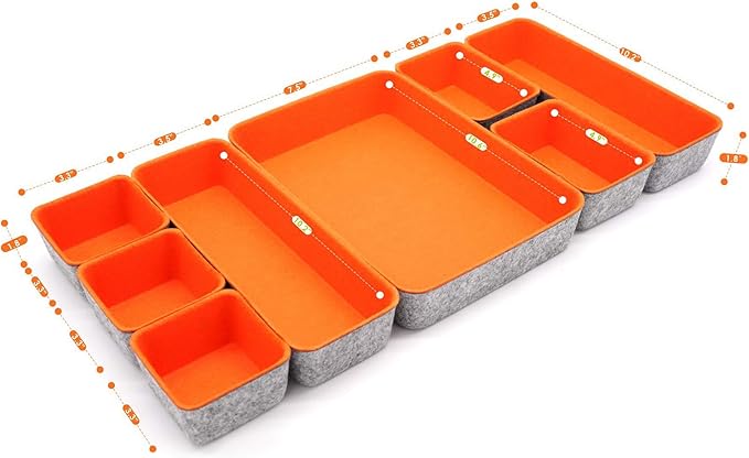Welaxy desk drawer organizers bin trays dividers small shallow felt storage box soft sturdy office suppliers closet cabinet makeup crafts pens 8-piece back to school (Orange)