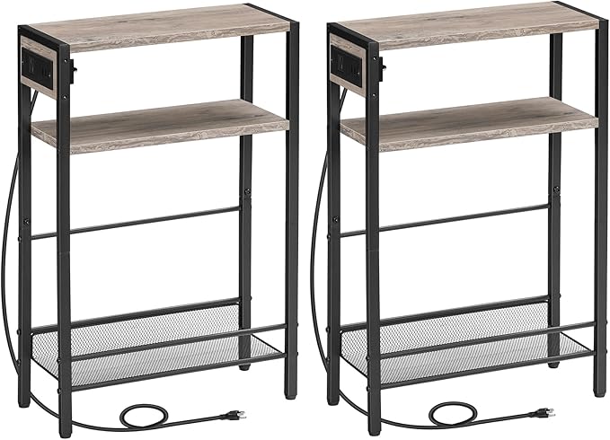 HOOBRO Small Narrow Side Table with Charging Station Set of 2, Skinny End Table for Small Spaces, Slim Nightstand with USB Ports Outlet, Sofa Beside Table with Storage Shelf BG102UBZP201
