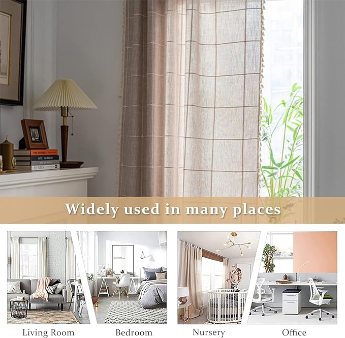 ColorBird Farmhouse Semi-Blackout Window Curtains 2 Panels Embroidery Lattice Cotton Linen Darkening Curtains with Tassel Rod Pocket Window Drapes for Dining Living Bedroom (52" W x 63" L, Linen)