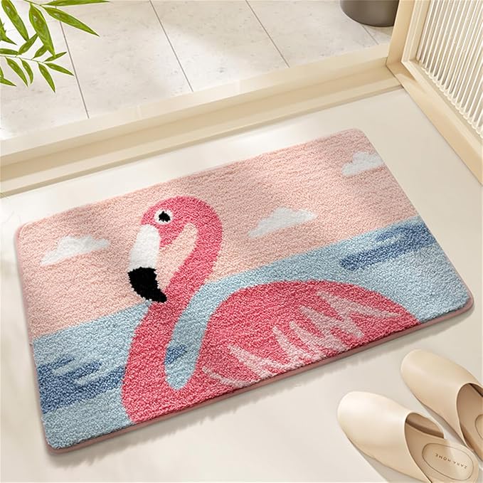 Bathroom Rug Cute Animal Pattern Fun Bath Mat, Microfibre Soft Oval Rug, Rubber Back, Multi-Color, Durable, Machine Wash Bath Mat for Bathroom Floor, 19.68"x 31.49", (Flamingo)
