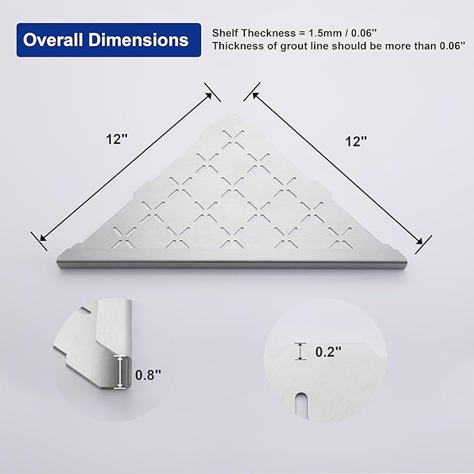 12" Corner Shower Shelf, 1-Pack Shower Shelves SUS304 Stainless Steel Bathroom Shelves for Tile Walls, Recessed Corner Shelf Organizer Rack, No Drilling (Brushed)