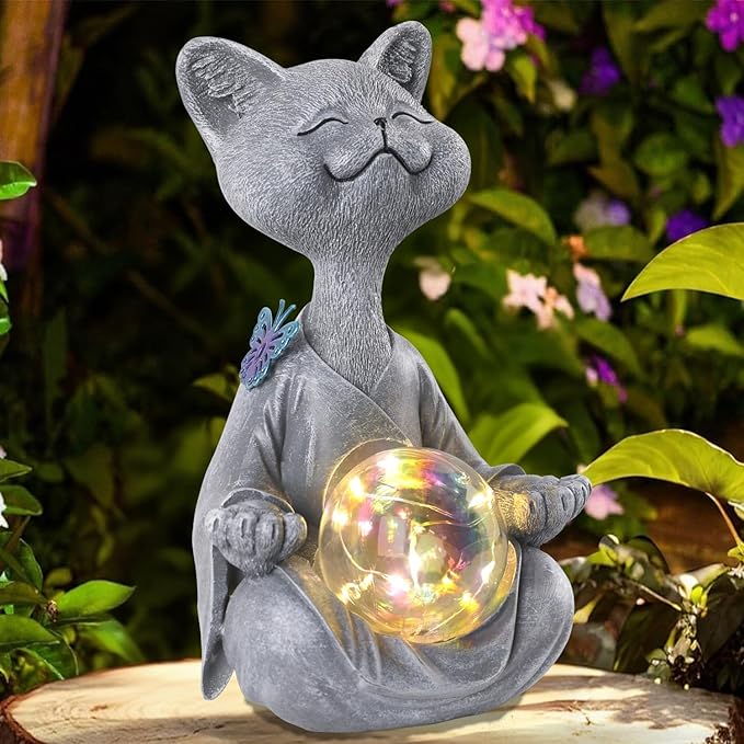 Solar Garden Decor Statues 7" Resin Cat Figurines with Glass Ball Waterproof Cat Decor for Outside Yard Patio Porch Decoration Gift for Mom Grandma
