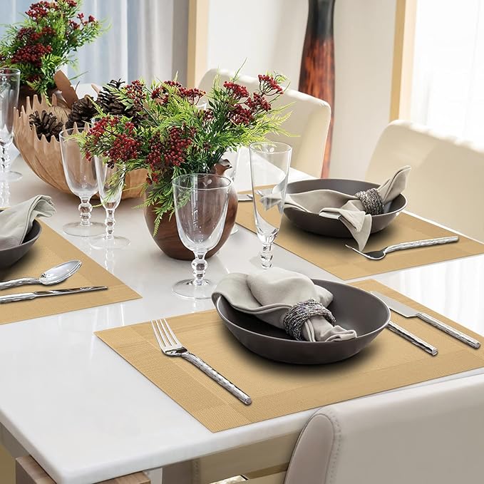 Winknowl Placemats, Set of 8 Heat Resistant Stain Resistant Woven Vinyl Insulation Place mats, Durable Washable Elegant Table Mats for Dining (Golden)