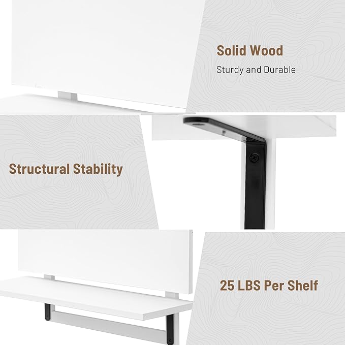 24-Inch Floating Shelves for Wall,3-Tier Wooden Wall Mounted Kitchen Shelves with Foldable Brackets,Hanging Wall Shelves for Living Room, Coffee Bar,Bedroom, Bathroom,Classic White