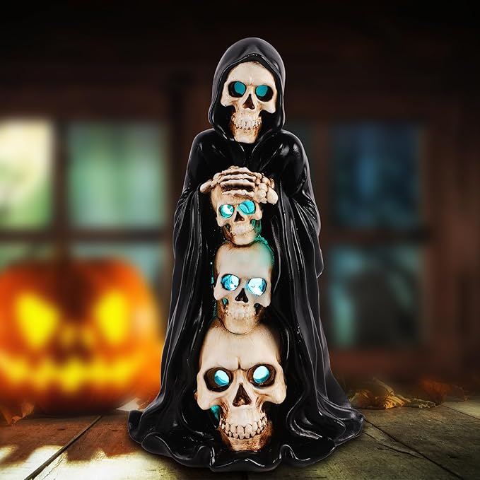 Grim Reaper Skull Halloween Decor - Solar - Powered Resin Statue, Unique Skeleton Head & Skulls Garden Decor, Ideal Spooky Gift
