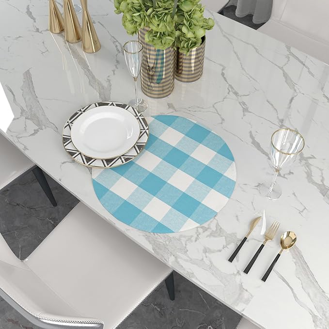 Sky Blue & White Cotton Buffalo Check Round Placemat, Set of 4, 15 Inch eco-Friendly Fabric Handcrafted Machine Washable Indoor & Outdoor Tablemat