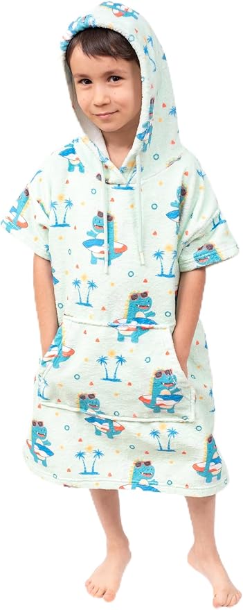 Cotton/Microfiber Kids Surf Poncho, Wetsuit Changing Towel Bath Robe with Hood and Pocket for Ages 3-7 and 8-12 (Surfer Dinos, 8-12 Years)