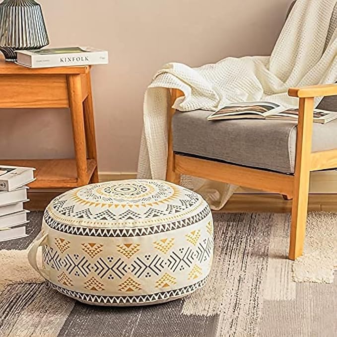 MOCOFO Unstuffed Round Pouf Covers Boho Colorful Geometric Ottoman Pouf Cover with Handle Design,Decoration Footstool for Living Room,Bedroom,Patio (Light Green,18x18x8)