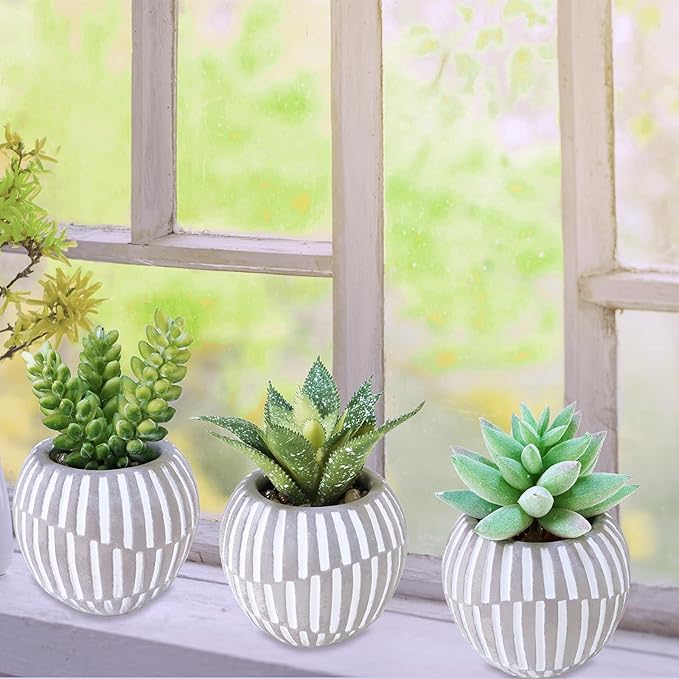 Winlyn Set of 3 Artificial Succulents Plants in Mini Gray and White Geometric Cement Pots Faux Potted Plants Aloe Pachyphytum Succulent Donkey Tail Small Plant for Home Office Table Shelf