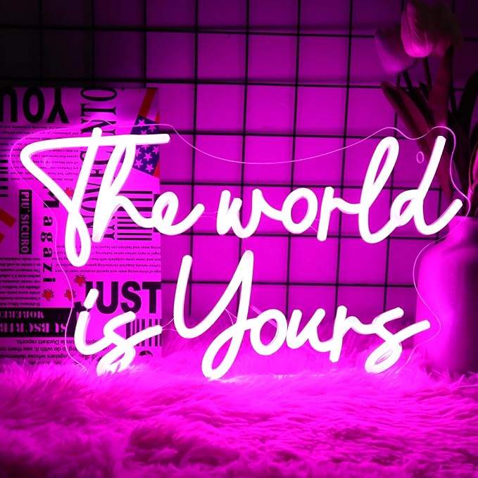 Neonwall The World Is Yours Neon Signs, Pink Led Neon Light for Wall Decor,Light Up Sign for happy birthday, Wedding, Engagement,USB Powered Led Neon Signs for Bedroom Decor 22 x 13'' (Pink)