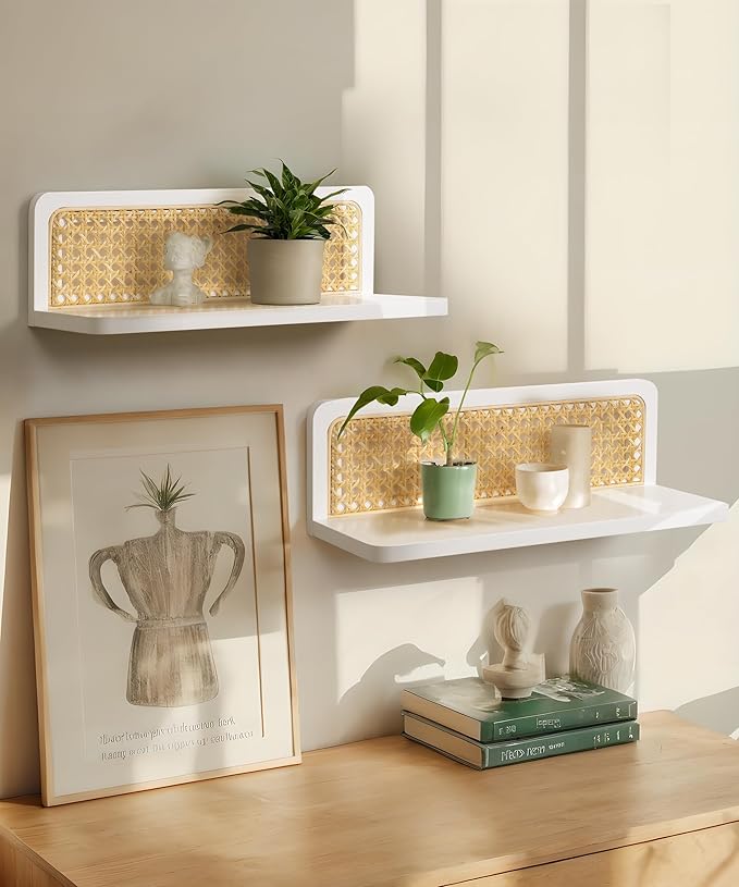 Rattan Floating Shelves, Boho Cane Webbing Wall Shelves Farmhouse Display Storage Organizer White Bookshelves Wicker Room Decor for Living Room Bedroom Entryway Hallway Bathroom, Set of 2
