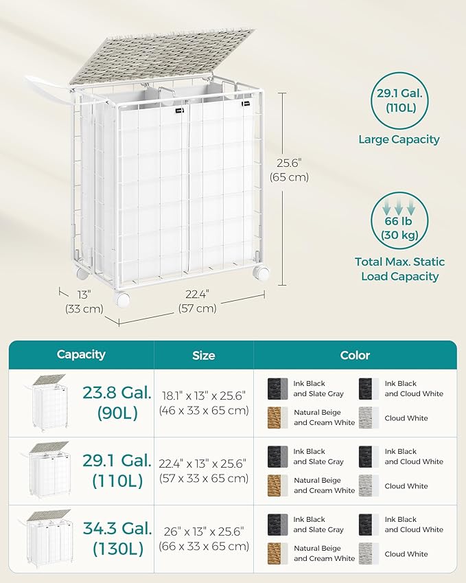 SONGMICS Laundry Hamper, 110L Laundry Basket with Lid, Clothes Hamper with Wheels, Collapsible Removable Liner Bag, Iron-Made Laundry Sorter, Cloud White ULCB211W01