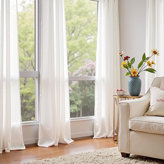 jinchan Linen Curtains 50W x 90L Inch Off White for Living Room Farmhouse Curtains Clip Rings Back Tab Rod Pocket Drapes 4-Panel Set