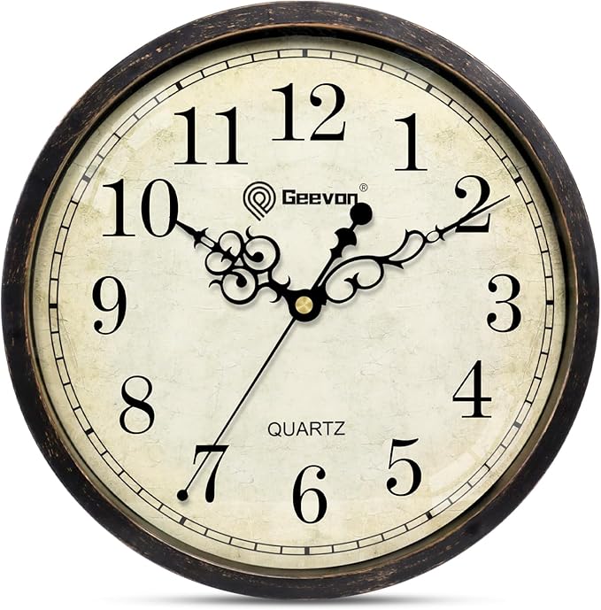 Geevon Vintage Wall Clock 10" Silent Non-Ticking - Retro Round Quartz Battery Operated Decorative Clock for Kitchen, Living Room, Bedroom, Office, Classroom